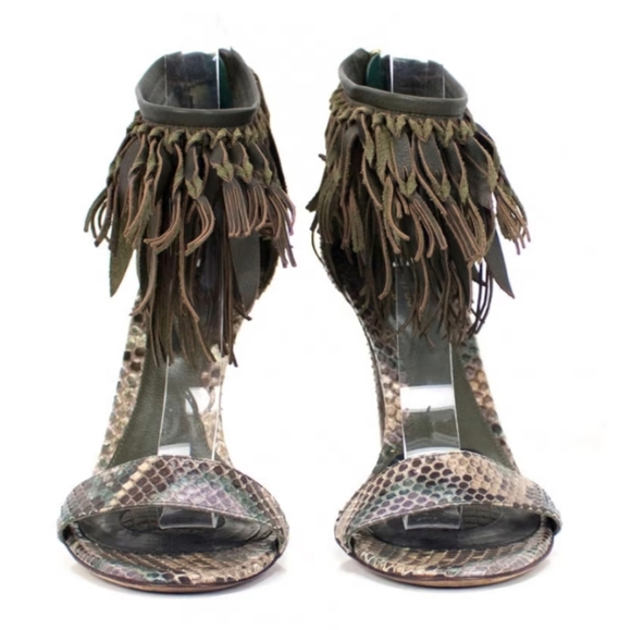 Sergio Rossi snakeskin strappy sexy high heel sandals with leather fringe 9.5 - Picture 1 of 12